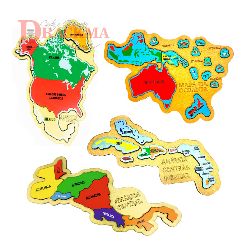 Kit Quebra-cabeça Mapa América do Norte, Oceania, América Central Ístmico e Insular
