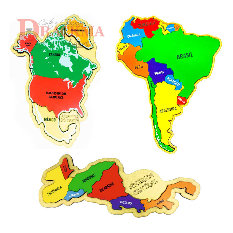 Kit Quebra-cabeça Mapa América do Norte, América do Sul e América Central Ístmico