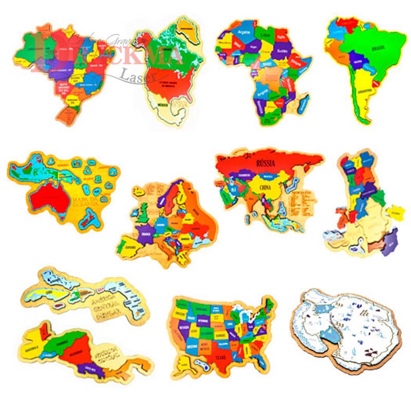 Kit Quebra-cabeça Mapa África, Oceania, Brasil, América do Sul e Norte, Central Ístmico e Insular, Europa, Ásia, EUA, Antártida e Portugal