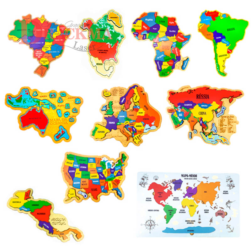 Kit Quebra-cabeça Mapa África, Oceania, Brasil, América do Sul e Norte, Central Ístmico, Europa, Ásia, EUA, Mapa Mundi